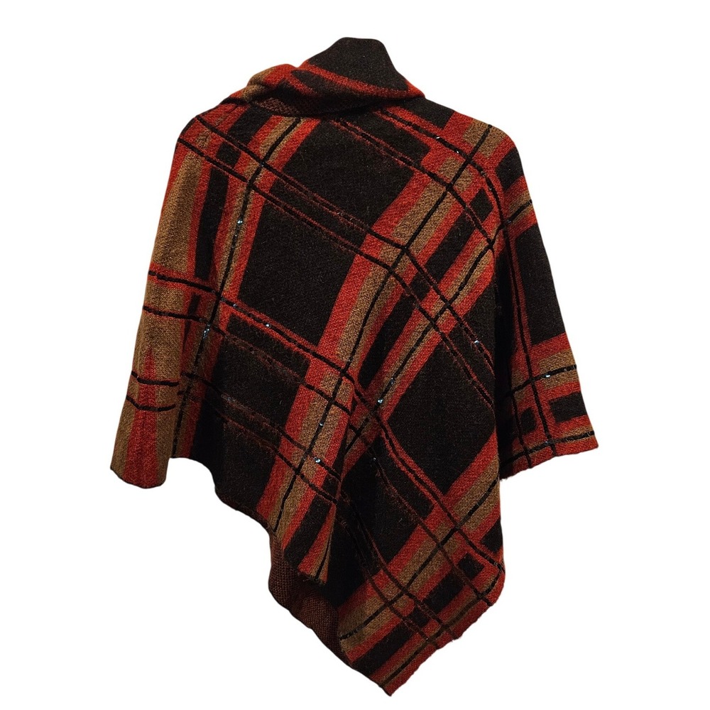 Chicos Womens Plaid Sequin Cowl Neck Poncho Sweater Red Brown M Wrap Cape - Picture 3 of 5